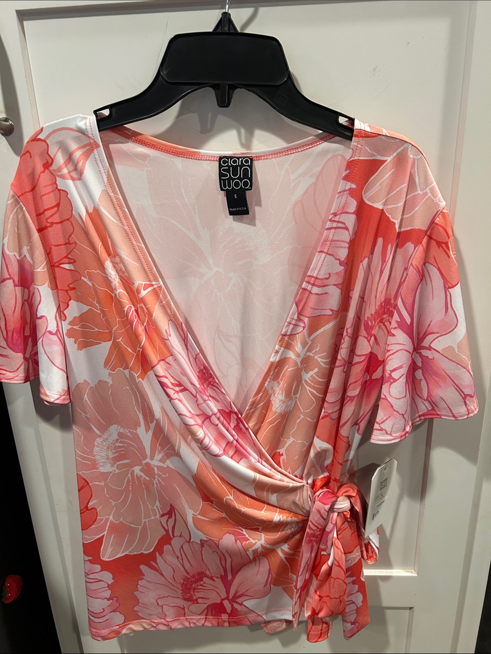 Clara Sun Woo Coral and Pink Floral Wrap Blouse